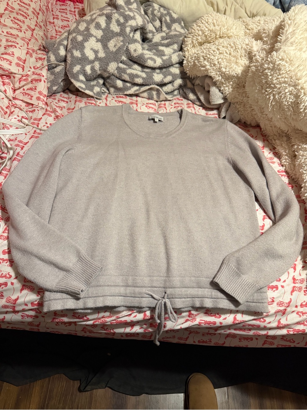 Women’s Light Gray Crewneck Sweater with Drawstring Hem